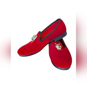 Men's Red Velvet Loafers Dress Shoes with Gold Buckle Slippers Slip-on  Shoes 42